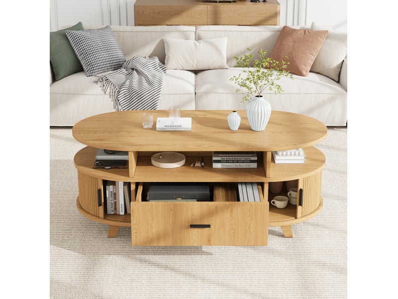  Table basse ovale 100x50x40 cm avec tiroir et portes à rideau, finition bois naturel  - Conforama D
