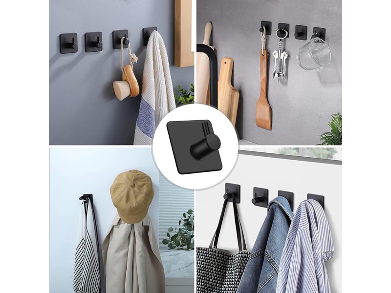  Crochets muraux adhésifs noirs, lot de 4, porte-serviettes de salle de bain sans perçage pour chiffons et peignoirs  - Conforama C