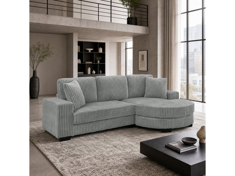  Canapé droit 4 pl 256,5x133,5x89 cm, 2 coussins, avec pouf ovale réversible, canapé salon moderne, finition velours côtelé gris  - Conforama B