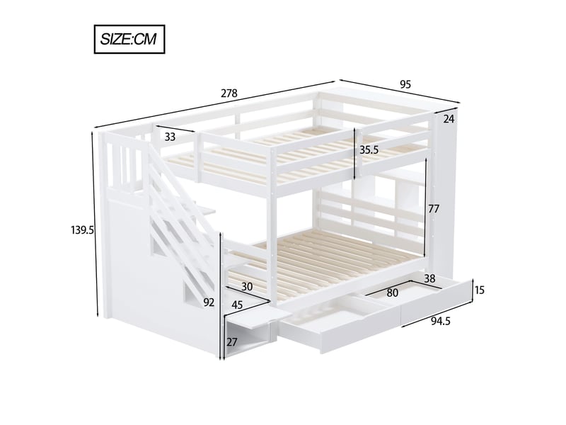  Lit superposé enfant en bois 90x200cm avec escalier de rangement,2 tiroirs et grand meuble de rangement,barrière haute,pin,métal et mdf,blanc  - Conforama C