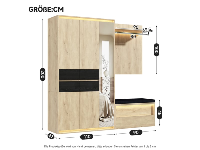  Meuble d’entrée dressing 200 x 47 x 200 cm, miroir, éclairage led, 3 tringles, 4 tiroirs, anthracite et effet chêne ABC - Conforama C