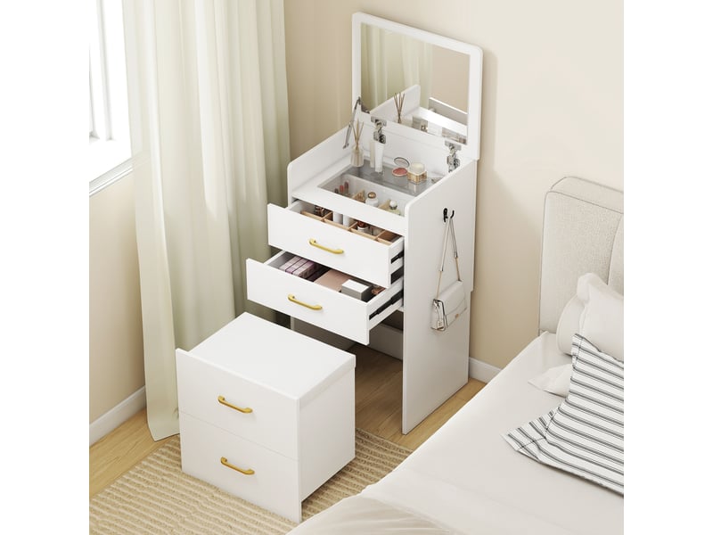  Coiffeuse 3 en 1 avec miroir, table de chevet, tabouret à roulettes et tiroirs, blanche  - Conforama C