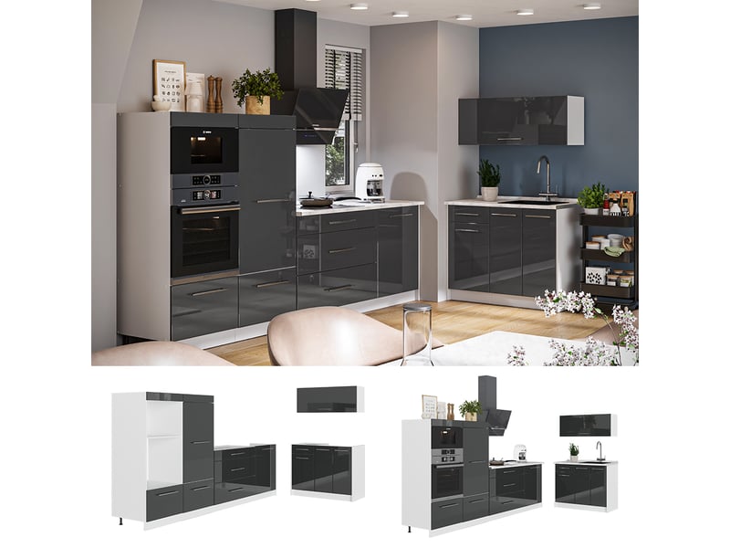 Vicco cuisine, anthracite haute brillanceblanc, 380cm, pt chêne - Conforama D