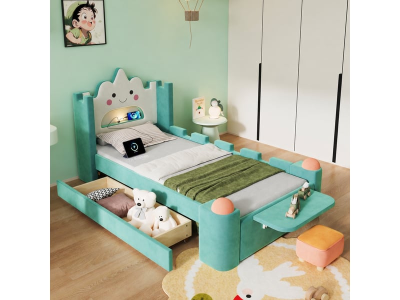  Lit enfant rembourré 90 x 200 cm avec tête de lit en forme de nuage, tiroir réversible et velours bleu-vert, sans matelas  - Conforama B