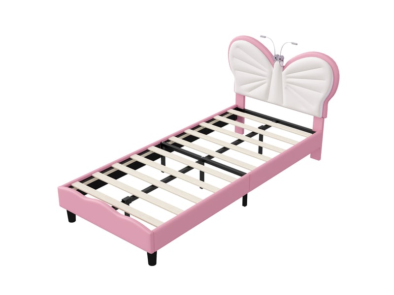  Lit enfant lit simple 90x190 cm, tête de lit papillon et lampe de lecture, style moderne, rose  - Conforama A