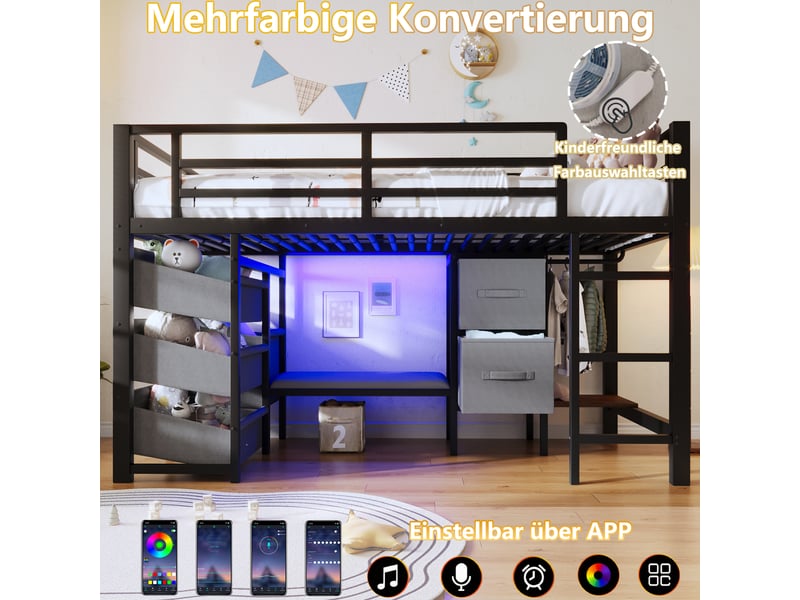  Lit mi-haut 90*200 cm sans matelas, structure métal, coussin, éclairage led, rangements, finition noire  - Conforama C