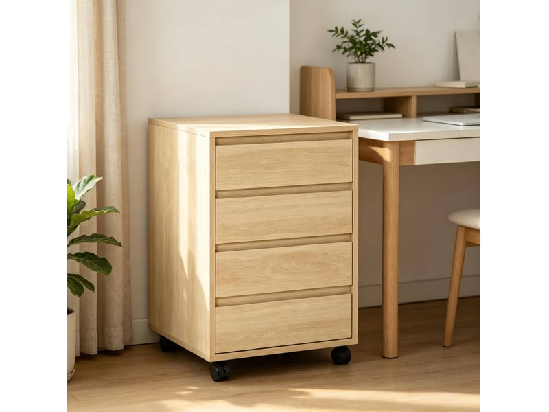  Caisson de bureau mobile 46 x 40 x 65 cm naturel en mdf, 4 tiroirs et 2 roulettes avec freins  - Conforama E