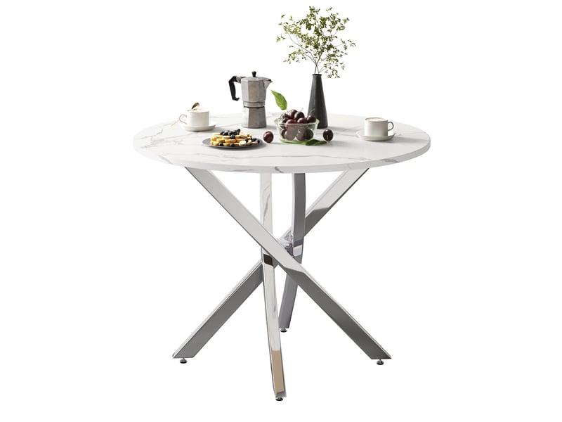 Table de salle à manger ronde avec piètement croisé, plateau effet marbre, en mdf et métal, blanc et argenté, diamètre 80 cm - Conforama A