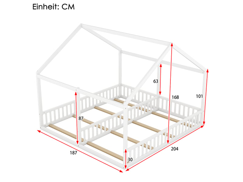  Lit cabane double 90x200, lit 2 en 1 pour enfants avec toit et barrières, cadre en bois massif blanc, aménagement de chambre partagée.  - Conforama C