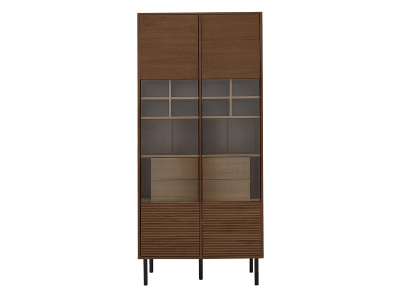 Meuble vitrine 75,5x35x164,5 cm avec porte en verre, tiroirs cachés, tablettes et pieds métal 16,6 cm, mdf, marron - Conforama A