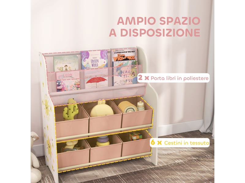  Meuble de rangement pour jouets avec 6 tiroirs en tissu et bibliothèque à 2 niveaux, bois et acier, 63 x 30 x 71 cm, rose  - Conforama E