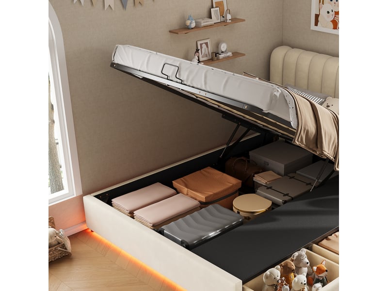  Lit coffre enfant 140x200 cm avec 3 tiroirs, éclairage led et grand espace de rangement, couleur beige, sans matelas  - Conforama E