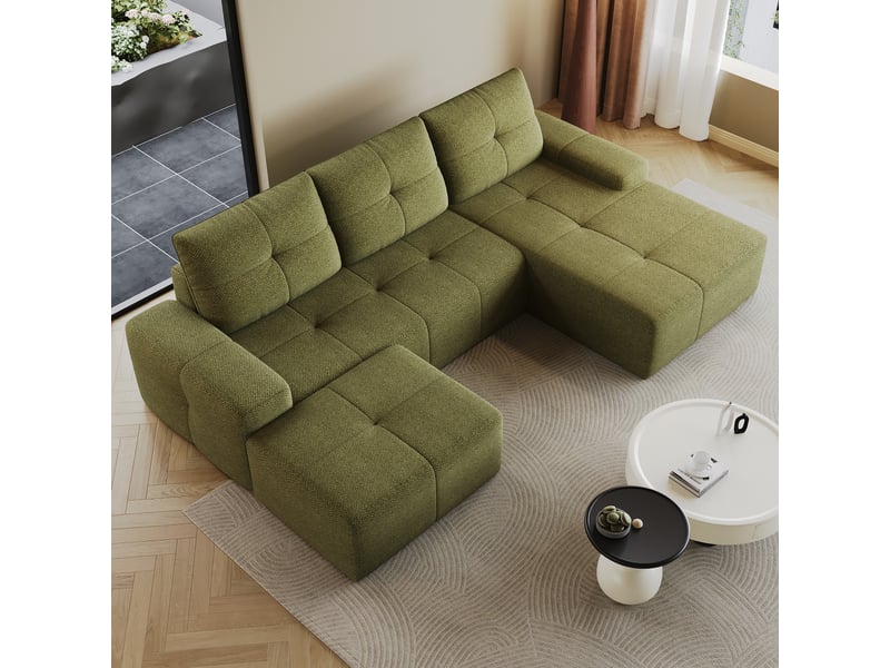  Canapé d’angle 3 places compressé 262x172x82cm, canapé en l, pouf inclus, mousse haute élasticité, tissu - vert olive CozyNest - Conforama E