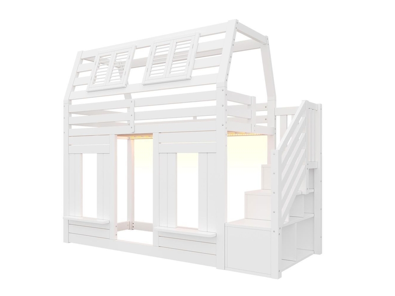 Lit superposé mezzanine enfant bois maison 90x200cm led protection anti chute escalier rangement forme fenêtre blanc - Conforama E