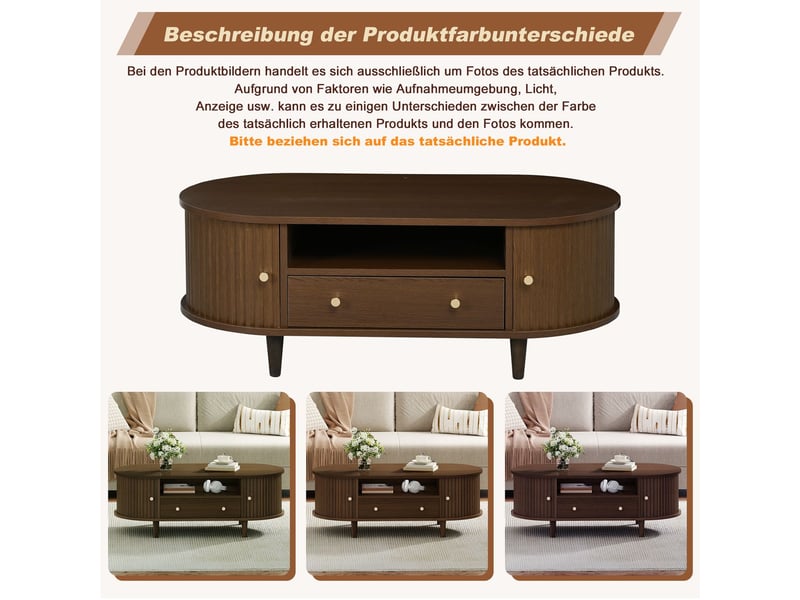  Table basse 100x50x40, couleur noyer table basse salon, tiroir rangement ouvert, porte roulante 4 pieds  - Conforama E