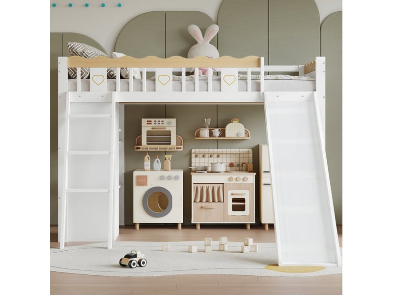 Lit mezzanine enfant 90x200 cm – blanc et naturel – toboggan, armoire et rangement – sans matelas - Conforama B