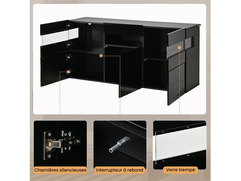  Buffet et enfilade de rangement 3 portes avec led commandée par application pour salon noir 140 × 40,5 × 66,5 cm  - Conforama E