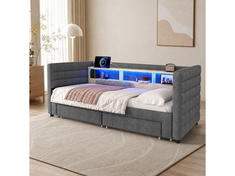  Lit simple 90x190 cm avec éclairage led et rangement en velours gris  - Conforama C