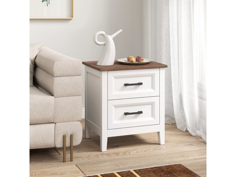  Table de chevet, table de nuit avec 2 tiroirs, plateau effet bois, style rustique, pour chambre à coucher, blanc, salon  - Conforama W