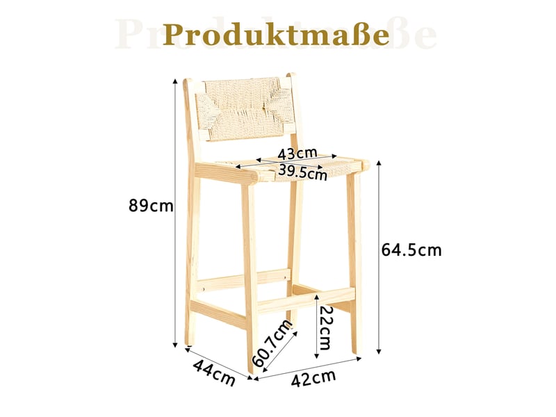  Tabouret de bar en bois avec dossier en corde tressée, style rustique, pour îlot de cuisine, brun naturel  - Conforama D