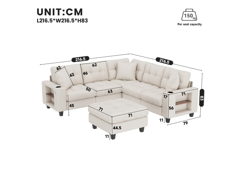 Canapé modulable 5 pl 216,5x216,5x83cm, canapé d'angle avec repose pides, rangement, confort pour salon, chenille beige  - Conforama C