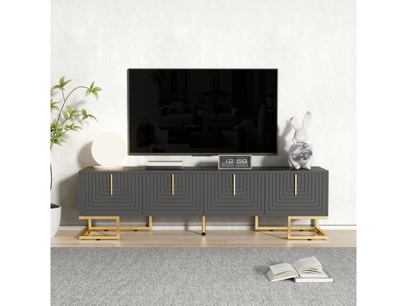  Meuble tv 170x40x45,5 cm, rangement 4 portes avec étagères intégrées, pieds dorés réglables, panneau particules, gris  - Conforama D