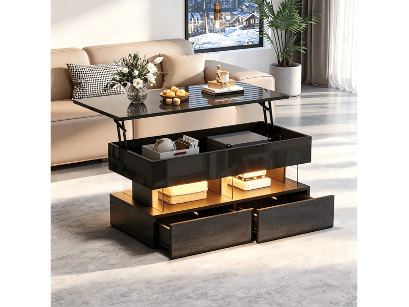  Table basse relevable 100 x 50 x 46 cm en mdf et acrylique avec rangement, 2 tiroirs et led noire chicfurn  - Conforama B