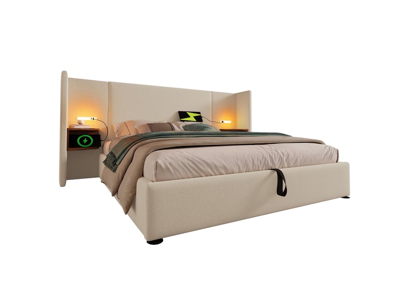  Lit double 180x200 cm – chevet intégré, lampe tactile, ports usb-c, coffre et sommier bois métal  - Conforama A