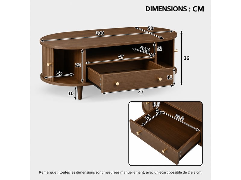  Table basse ovale décor noyer avec tiroir, niche ouverte et portes coulissantes à lattes, 100x50x36 cm  - Conforama C