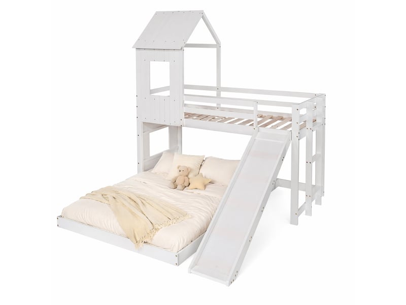  Lit superposé enfant avec toboggan, 90x200 et 140x200 cm, blanc, bois et mdf  - Conforama A