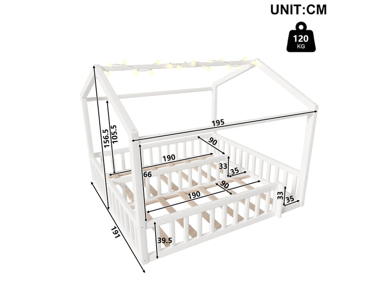  Lit combine enfant 90x190, barrière de sécurité lit cabane enfant, structure bois massif, perles led  - Conforama C