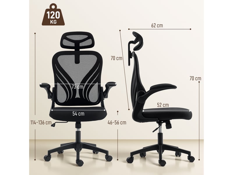  Chaise de bureau ergonomique avec accoudoirs relevables, soutien lombaire et appui-tête réglable, noire  - Conforama E
