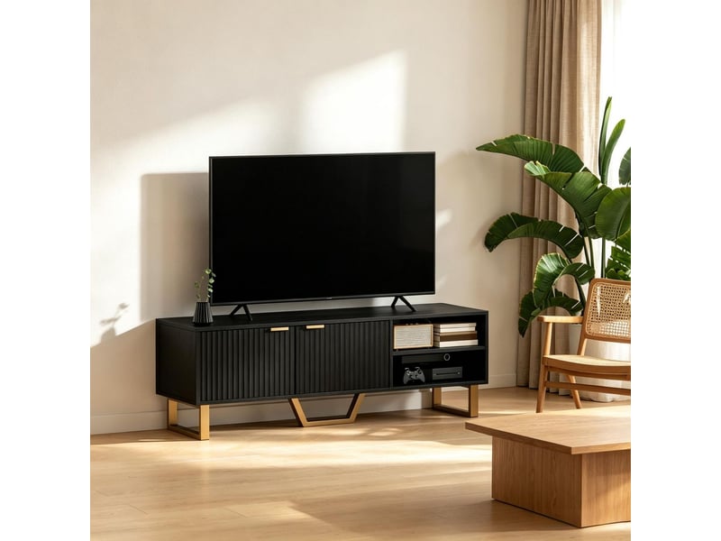  Meuble tv meuble de salon à portes rainurées compatible téléviseur jusqu’à 70 pouces deux portes rainurées compartiment ouvert et passe-câbles intégré  - Conforama B