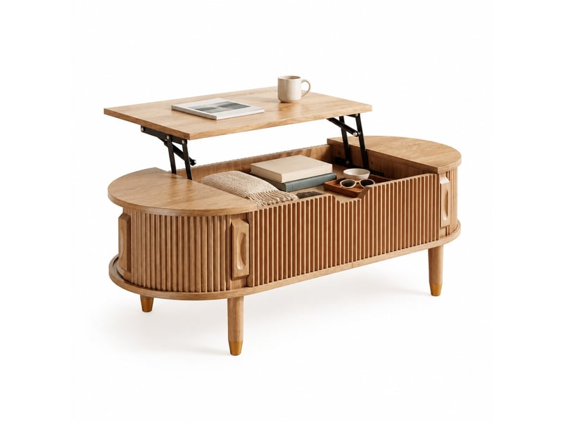  Table basse ovale avec plateau relevable hydraulique, rangement, portes coulissantes, mdf, pieds en bois d’hévéa  - Conforama A