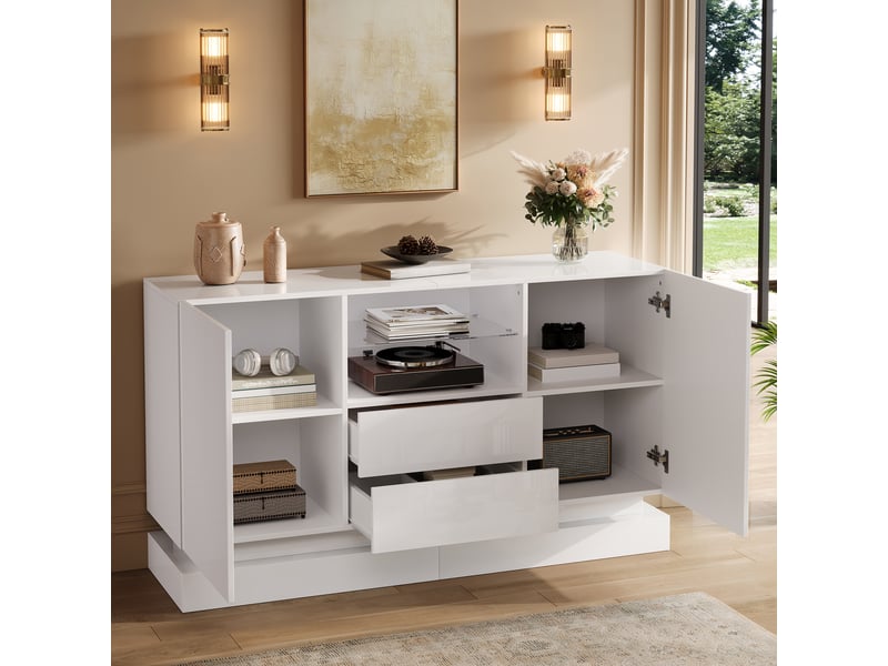  Buffet avec led pilotée par appli, 2 portes, 2 tiroirs, niche ouverte avec étagère en verre, façades brillantes, panneaux de particules ABC - Conforama B