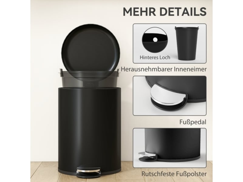 Poubelle de cuisine noire 20 l en métal, anti-traces, pédale, couvercle soft-close, bac amovible - Conforama B