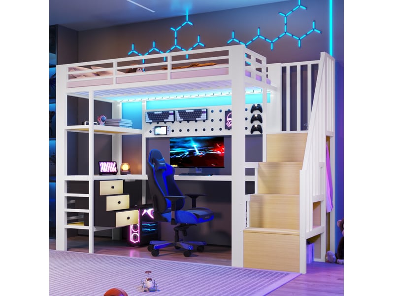  Lit mezzanine 90x200 cm avec bureau, rangements et led blanc  - Conforama D