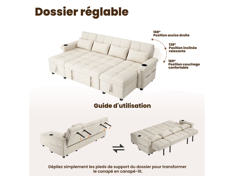 Canapé d'angle panoramique convertible 4 places polyester led beige coffre de rangement - Conforama E