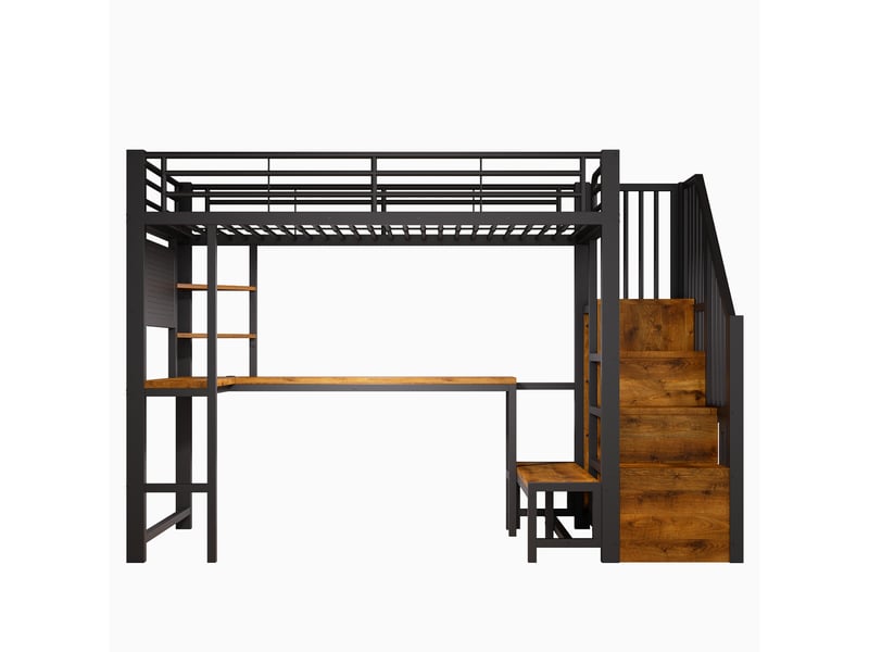  Lit mezzanine 90x200 cm avec bureau, rangements, led et prises usb, noir, moderne  - Conforama A