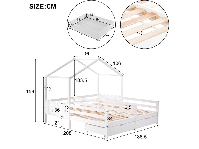 Lit enfant maison double blanc avec 2 tiroirs 208 x 188,5 x 158 cm - Conforama E