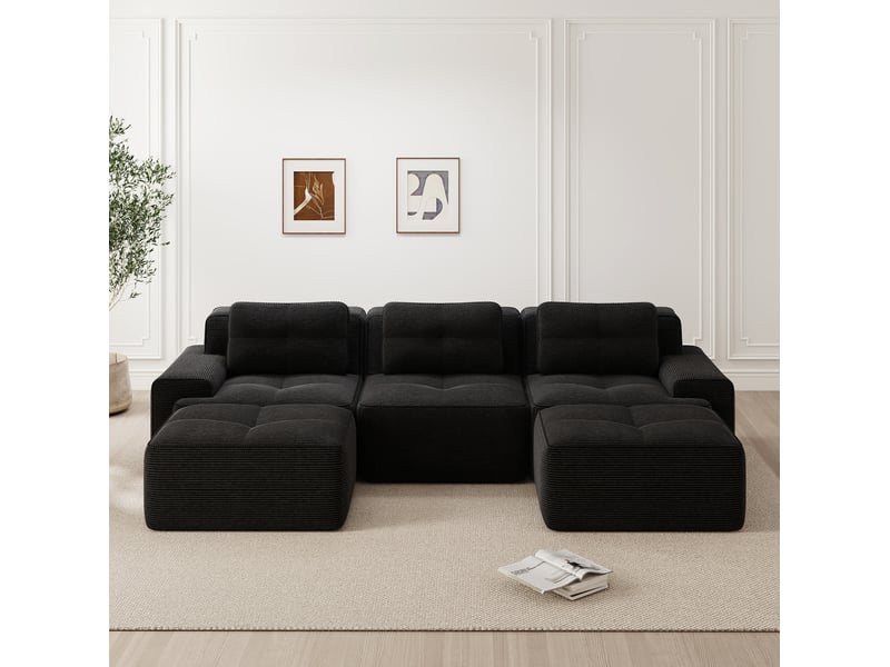 Canapé modulable en u 293x177x69 cm 3 places, montage sans outil, assise profonde, en velours côtelé, noir - Conforama D