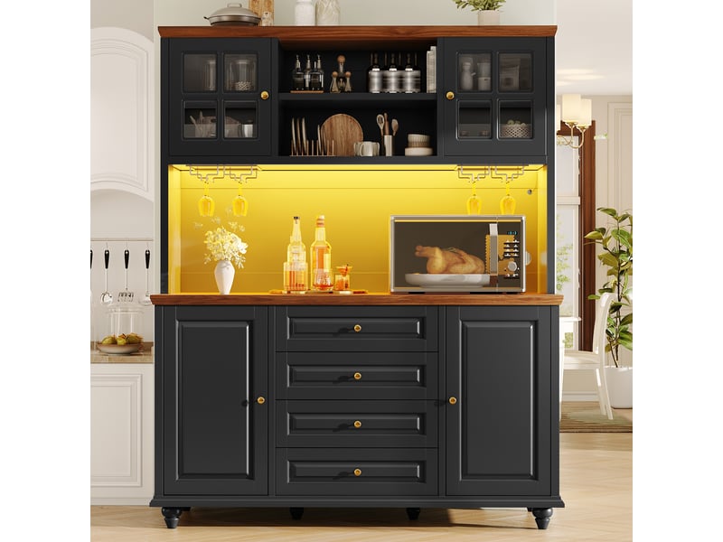  Buffet haut noir meuble de cuisine avec led rgb, 140x40x179.5cm, étagères réglables et porte-verres  - Conforama D