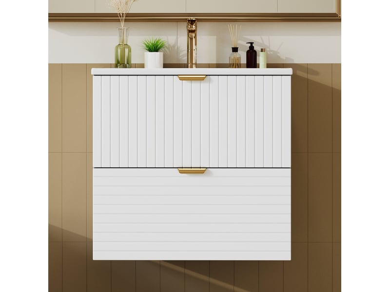  Meuble sous vasque suspendu blanc 61 cm avec vasque en céramique et 2 tiroirs à fermeture douce, style design  - Conforama E