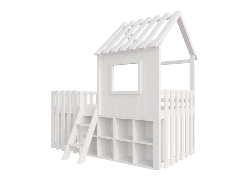  Lit avec rangement enfant 90x200 cm, étagère, toit, fenêtre, escalier, sommier, bois blanc, sans matelas  - Conforama E