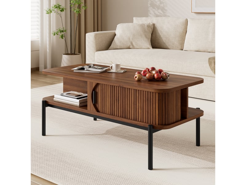  Table basse rectangulaire 100x45x43 cm, rangement avec portes coulissantes cannelées, plateau mdf, pieds métal noir, noyer OMNIGLINT TRADING LTD - Conforama D