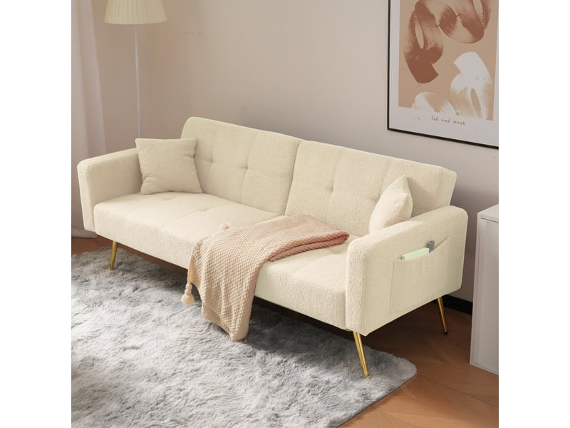 Canapé convertible bouclette beige, canapé lit 2 places avec dossier inclinable et pieds dorés, canapé beige 175 cm. - Conforama C