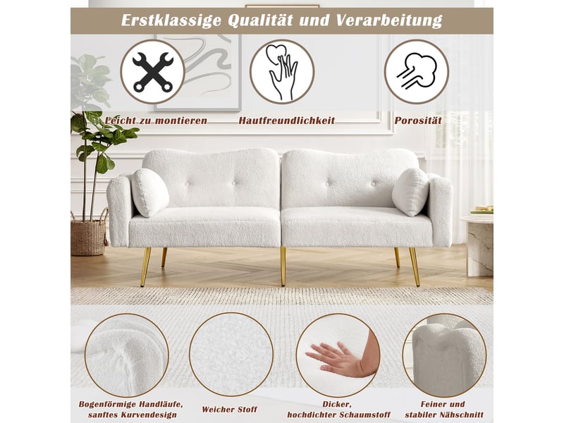  Canapé convertible 2 places blanc avec rangement intégré et dossier réglable à 3 positions sur pieds métalliques dorés  - Conforama D