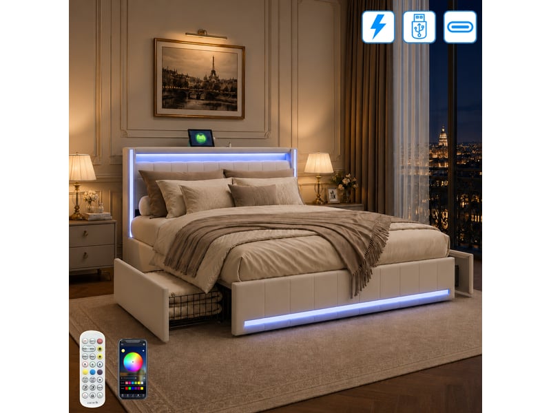  Lit 140 x 190 cm avec sommier à lattes - cadre de lit double avec led et usb tpye c- lit double rembourré avec 4 tiroirs de rangement et tete de lit capitonné - 2 personnes - 2 places- en lin - beige - adulteado - sans matelas -…  - Conforama W