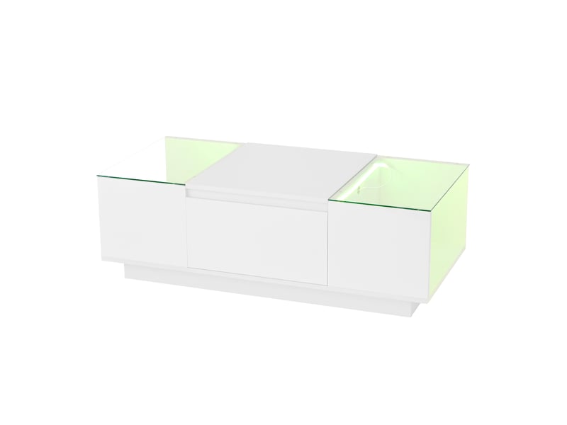  Table basse moderne et minimaliste de 105 cm avec espace de rangement, éclairage d'ambiance led, plateau en verre et 2 tiroirs.  - Conforama E