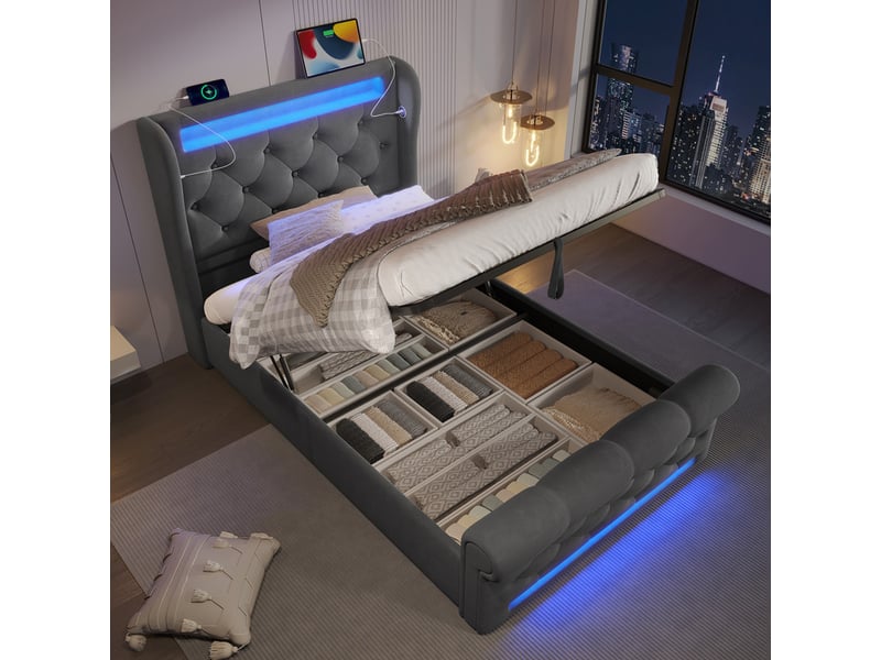  Lit capitonné,90x200 cm,avec led usb c,tête rangement coffre,velours,gris,matelas inclus  - Conforama D